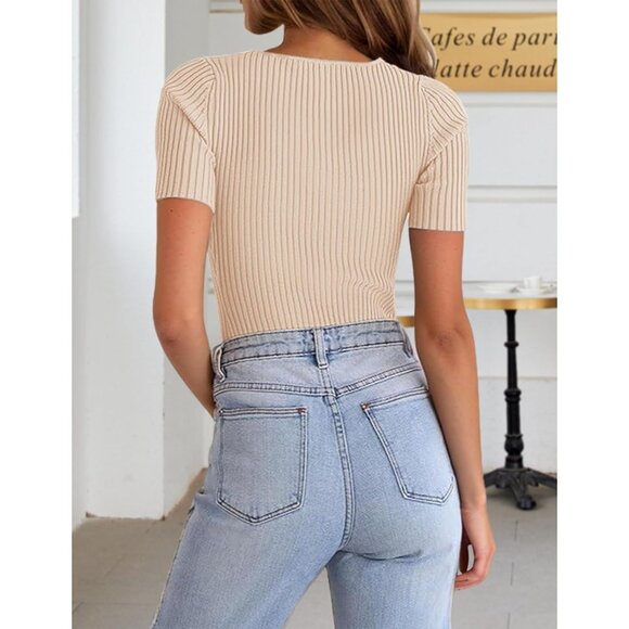 🆕 Women Tan Casual Basic Knit Summer Fashion Trendy Slim Fit Sweater T Shirt - Picture 5 of 6
